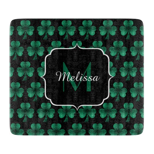Planche À Découper Emerald Green Sparkle Shamrock noir Monogramme (Devant)