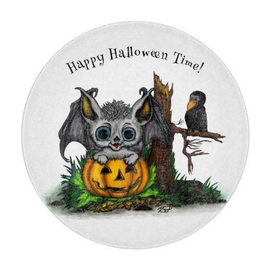 Planche À Découper En attente d'Halloween, Bat mignonne et Corbeau (Devant)