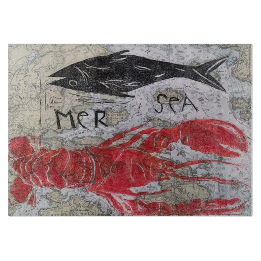 planche à découper en verre à thème homard design  (Devant)