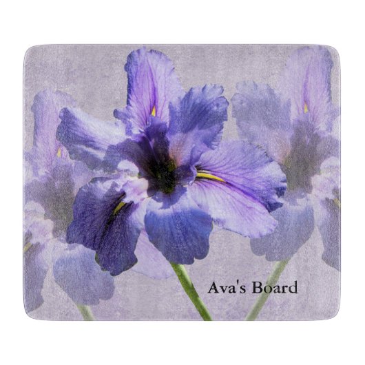 Planche à découper en verre avec Irises Bleues (Devant)