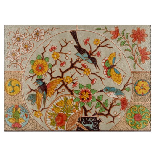 Planche à découper en verre d'oiseaux et de papill (Devant)