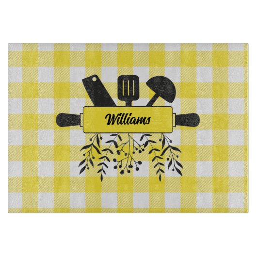 Planche à découper en verre Gourmet Gingham jaune (Devant)