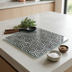 Planche à découper en verre noir blanc hexagone gé