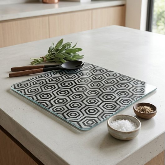 Planche à découper en verre noir blanc hexagone gé