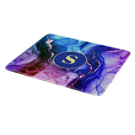 Planche À Découper Encre Liquide Bleue, Violette Et Rouge, Monogramme (Coin)