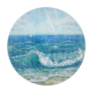 Planche À Découper Eté, vagues bleues, peinture acrylique.