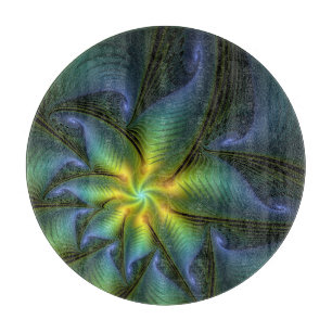 Planche À Découper Etoile Abstraite, Bleu brillant Vert Or Fractal Ar