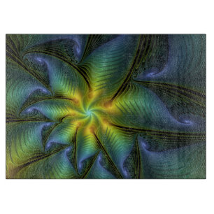 Planche À Découper Etoile Abstraite, Bleu brillant Vert Or Fractal Ar