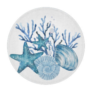Planche À Découper Étoile de mer Corail Bleu Aquarelle Art de plage