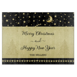 Planche À Découper Etoiles de Noël brillantes or, pattes sur or et no