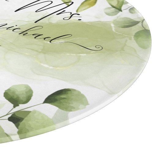 Planche À Découper Eucalyptus Verdure Blush Moderne Script tendance (Coin)