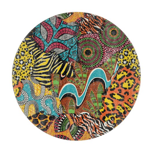 Planche À Découper Fabric africain : Patchwork d'animaux sauvages. (Devant)