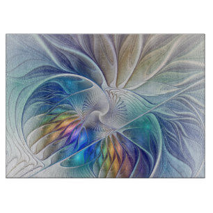 Planche À Découper Fantaisie florale, fleur fractale abstraite coloré