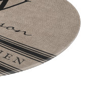 Planche À Découper Farmhouse Style Burlap Nom de famille monogramme (Coin)