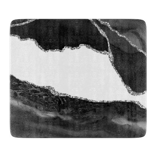 Planche À Découper Faux Marbré Agate noir blanc pierre moderne à la m (Devant)