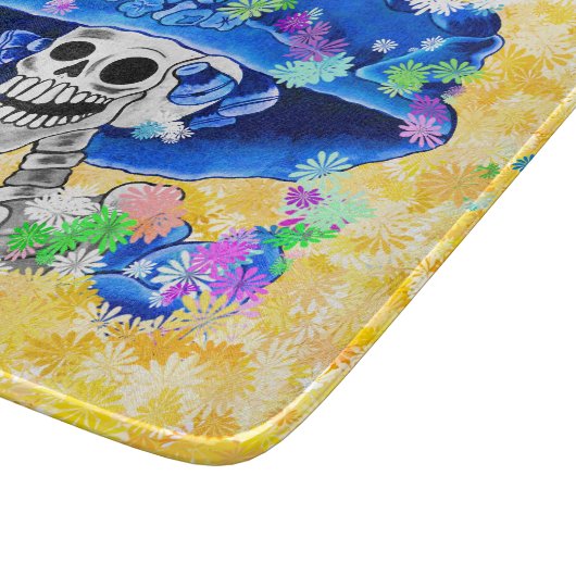 Planche À Découper Femme de squelette en Bonnet Bleu sur Jaune (Coin)