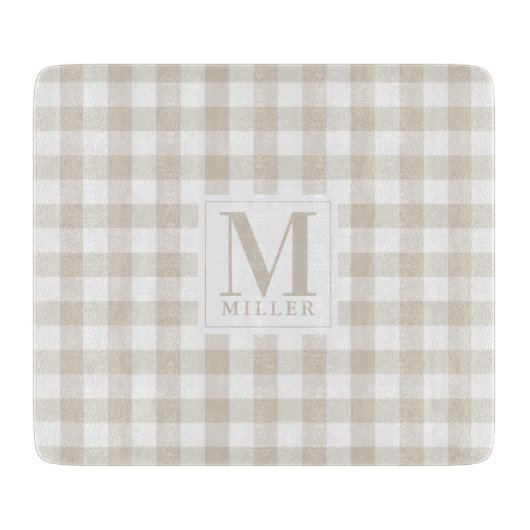 Planche À Découper Ferme Buffle Beige Chèque Monogramme Verre (Devant)