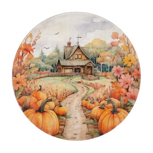 PLANCHE À DÉCOUPER FERME RUSTIQUE D'AUTOMNE AVEC CITROUILLES D'AUTOMN (Devant)