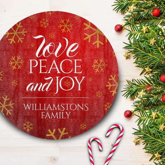 Planche À Découper Festive Red Love, Peace and Joy with Snowflakes