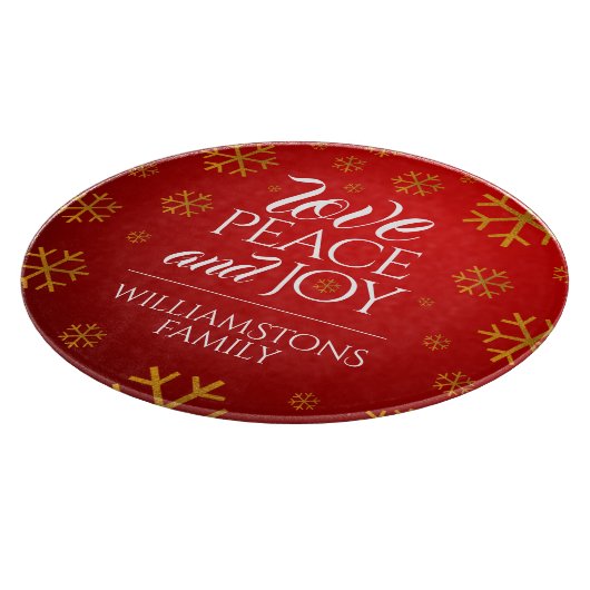 Planche À Découper Festive Red Love, Peace and Joy with Snowflakes (Coin)