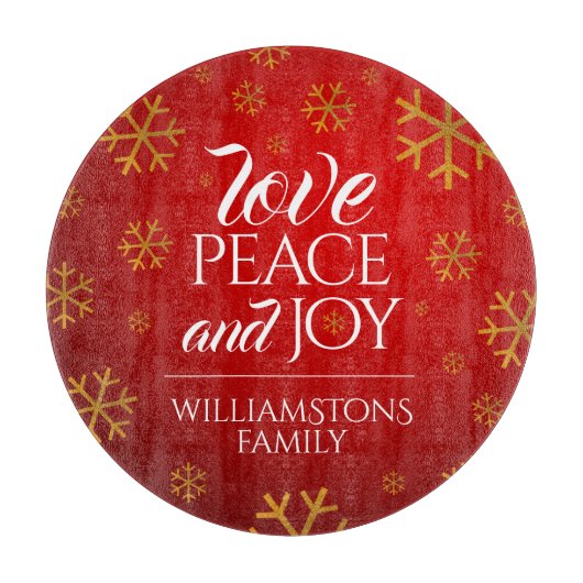 Planche À Découper Festive Red Love, Peace and Joy with Snowflakes (Devant)