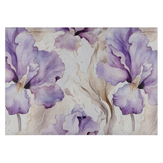 Planche À Découper Fête de Mariage Florale aux Iris Violets et Crème (Devant)