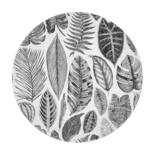 Planche À Découper Feuilles exotiques, vintage floral noir et blanc.
