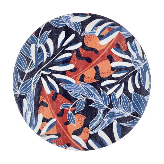 Planche À Découper Feuilles tropicaux colorés Arrière - plan bleu (Devant)