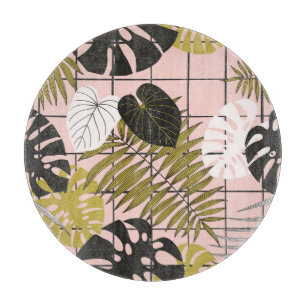 Planche À Découper Feuilles tropicaux, fleurs, motif peint à la main.