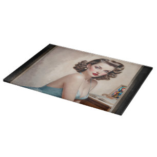 Planche À Découper Fille Élégante Pin-Up Beauté En Tenue Satin Bleu