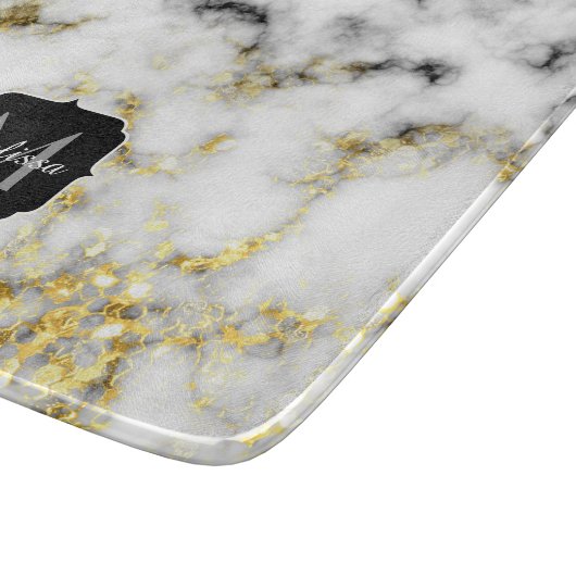 Planche À Découper Flacon brillant en marbre noir et blanc Monogramme (Coin)