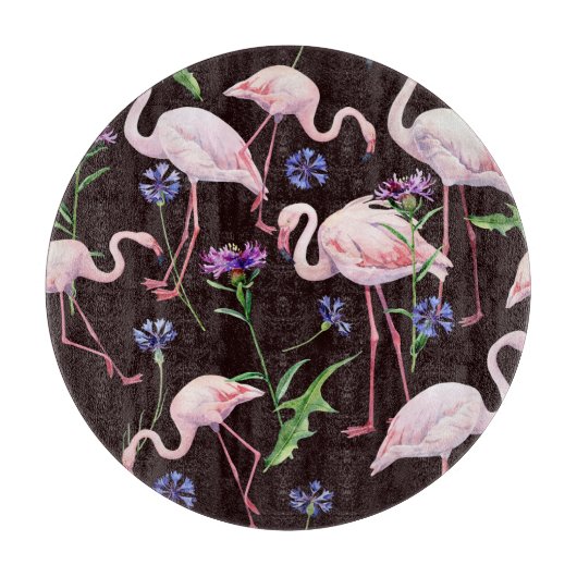 Planche À Découper Flamants d'aquarelle et fleurs sauvages motif. (Devant)