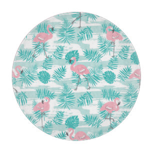 Planche À Découper flamants roses, feuilles de palmiers verts, tropic
