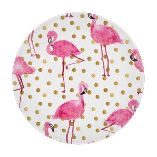 Planche À Découper Flamants roses, points dorés, aquarelle. (Devant)
