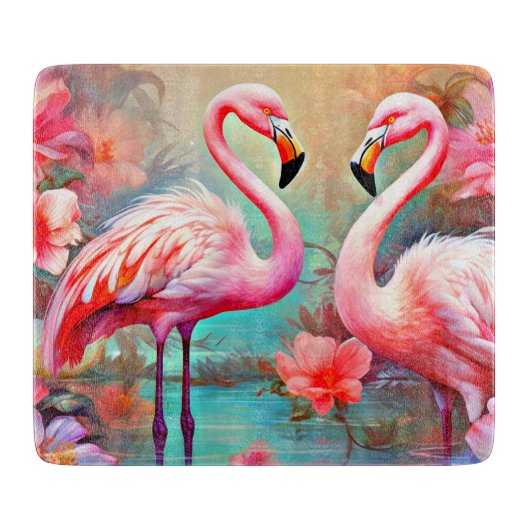 Planche À Découper Flamants roses roses dans un lac avec fleurs-20231 (Devant)