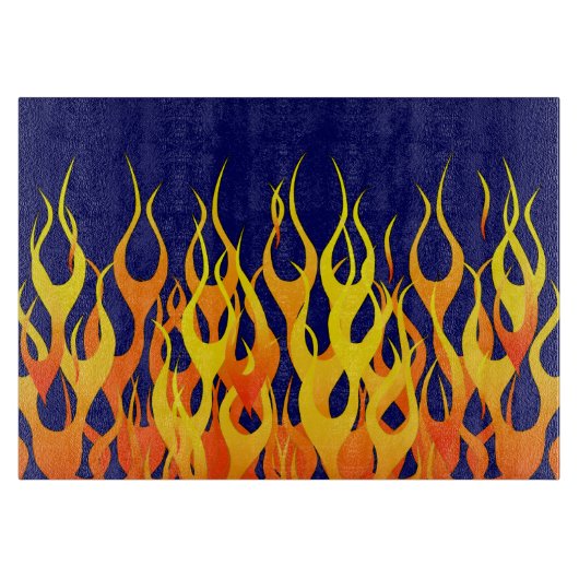 Planche À Découper Flammes de course classique sur bleu marine (Devant)