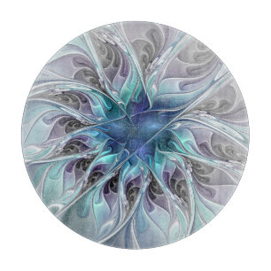 Planche À Découper Fleur de fractale moderne abstraite avec du bleu