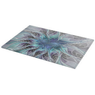 Planche À Découper Fleur de fractale moderne abstraite avec du bleu