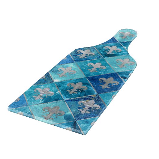 Planche À Découper Fleur de lis motif Marbre bleu et Argent (Coin)