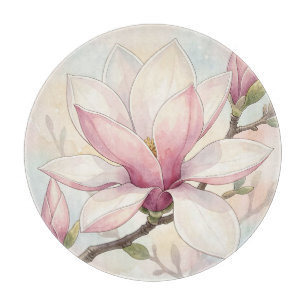 Planche À Découper Fleur de magnolia rose délicate à l'aquarelle