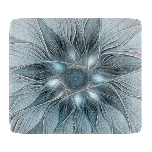 Planche À Découper Fleur joyeuse abstraite fleur bleue grise fractale (Devant)