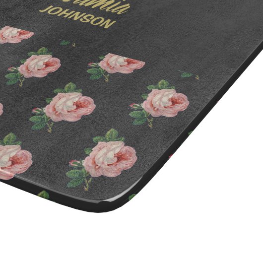 Planche À Découper Fleur rose nom personnalisé gris (Coin)