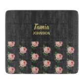 Planche À Découper Fleur rose nom personnalisé gris (Devant)