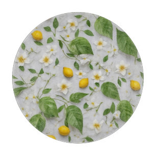 Planche À Découper Fleurs blanches citrons feuilles vertes motif sur