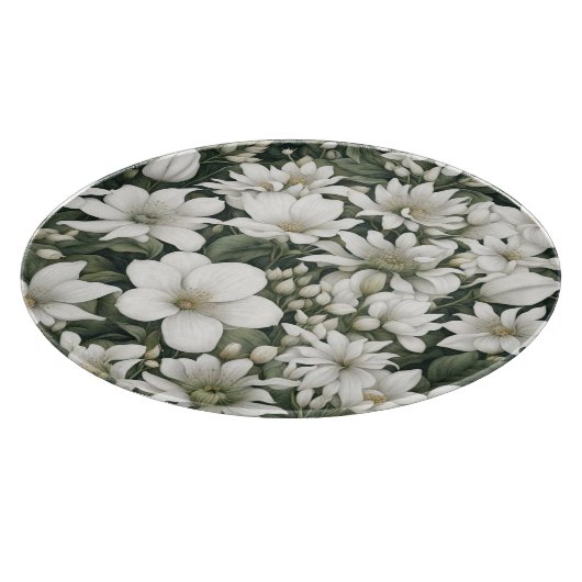 Planche À Découper Fleurs botaniques blanches sur feuilles verts (Coin)