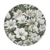 Planche À Découper Fleurs botaniques blanches sur feuilles verts (Devant)
