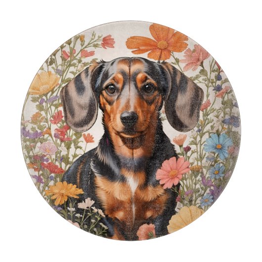 Planche À Découper Fleurs Brown De Dachshund Et Cosmos (Devant)