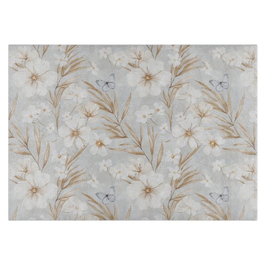Planche À Découper Fleurs Crème Blanche Papillons Bleus Shower de Mar (Devant)