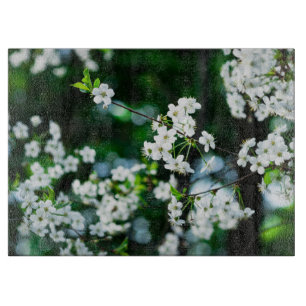 Planche À Découper Fleurs de cerisier blanches feuilles vertes