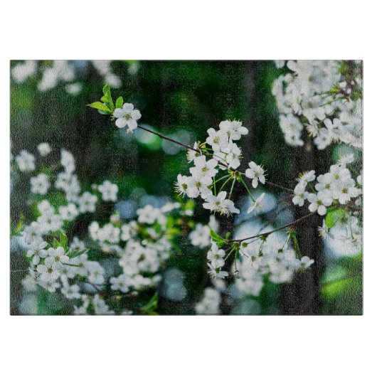 Planche À Découper Fleurs de cerisier blanches feuilles vertes (Devant)